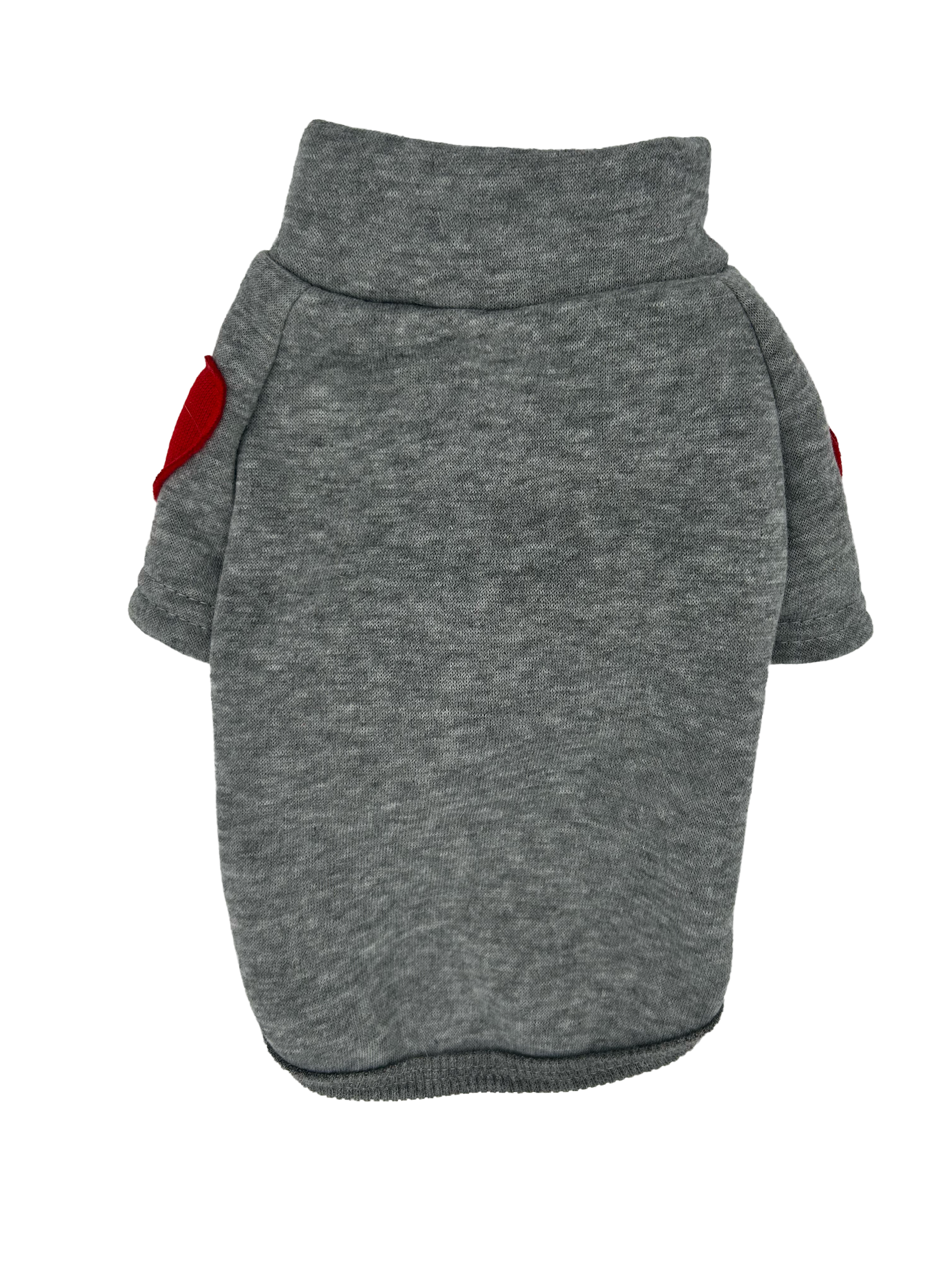 Gray cat sweatshirt with red patches on a white background