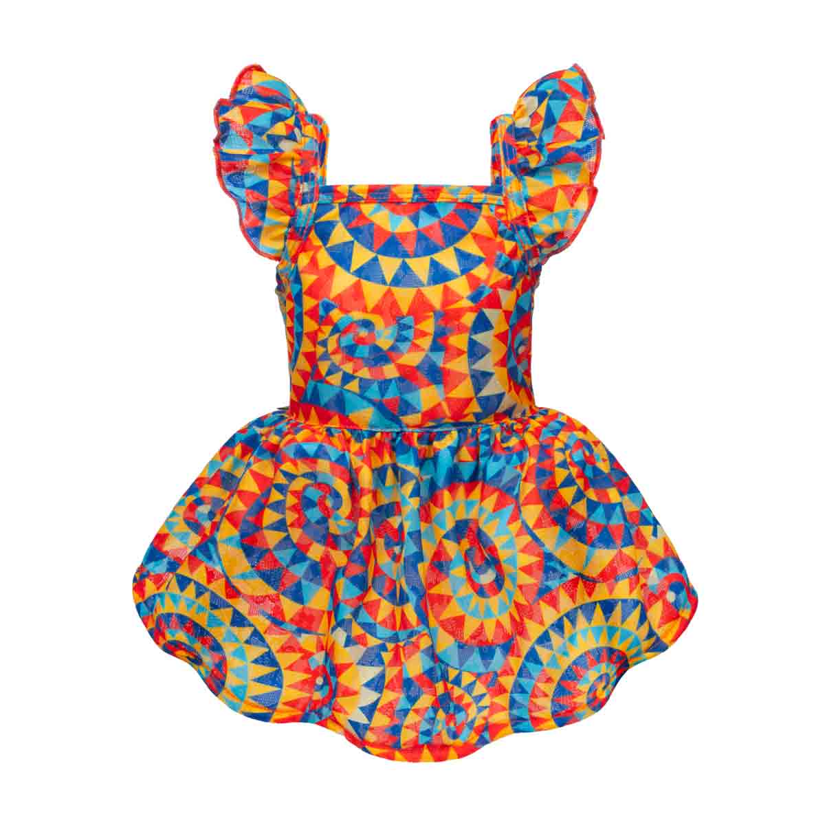 Colorful cat dress with a geometric pattern on a white background