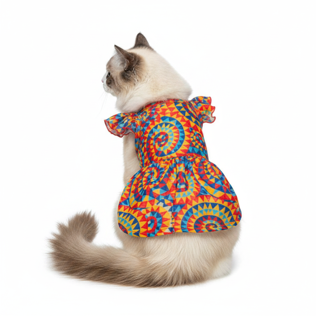 Cat wearing a colorful pattern dress on a white background