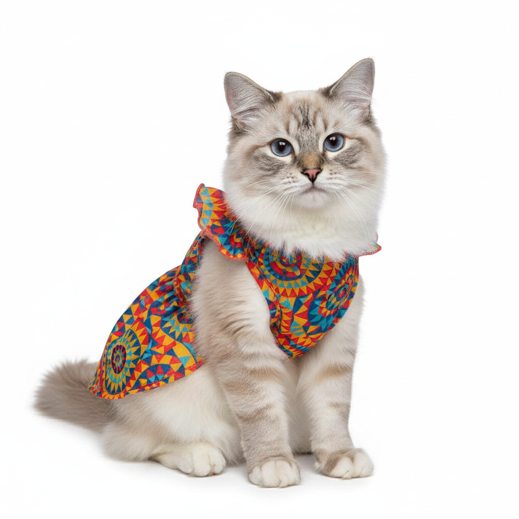 Cat wearing a colorful patterned dress on a white background