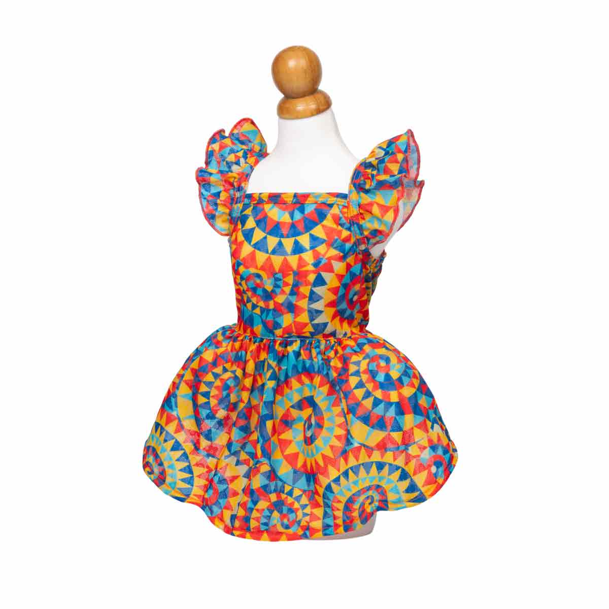 Colorful cat dress on a mannequin against a white background