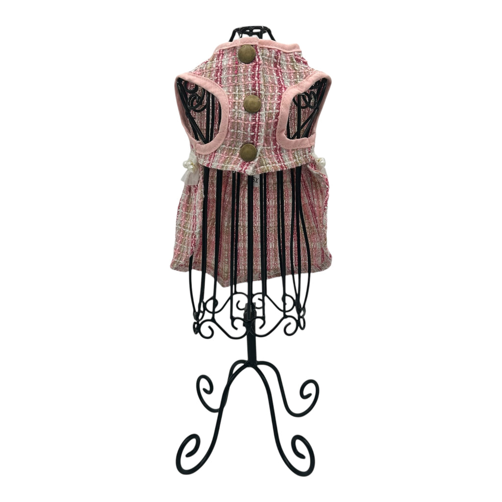 cat dress with pink plaid and pearls