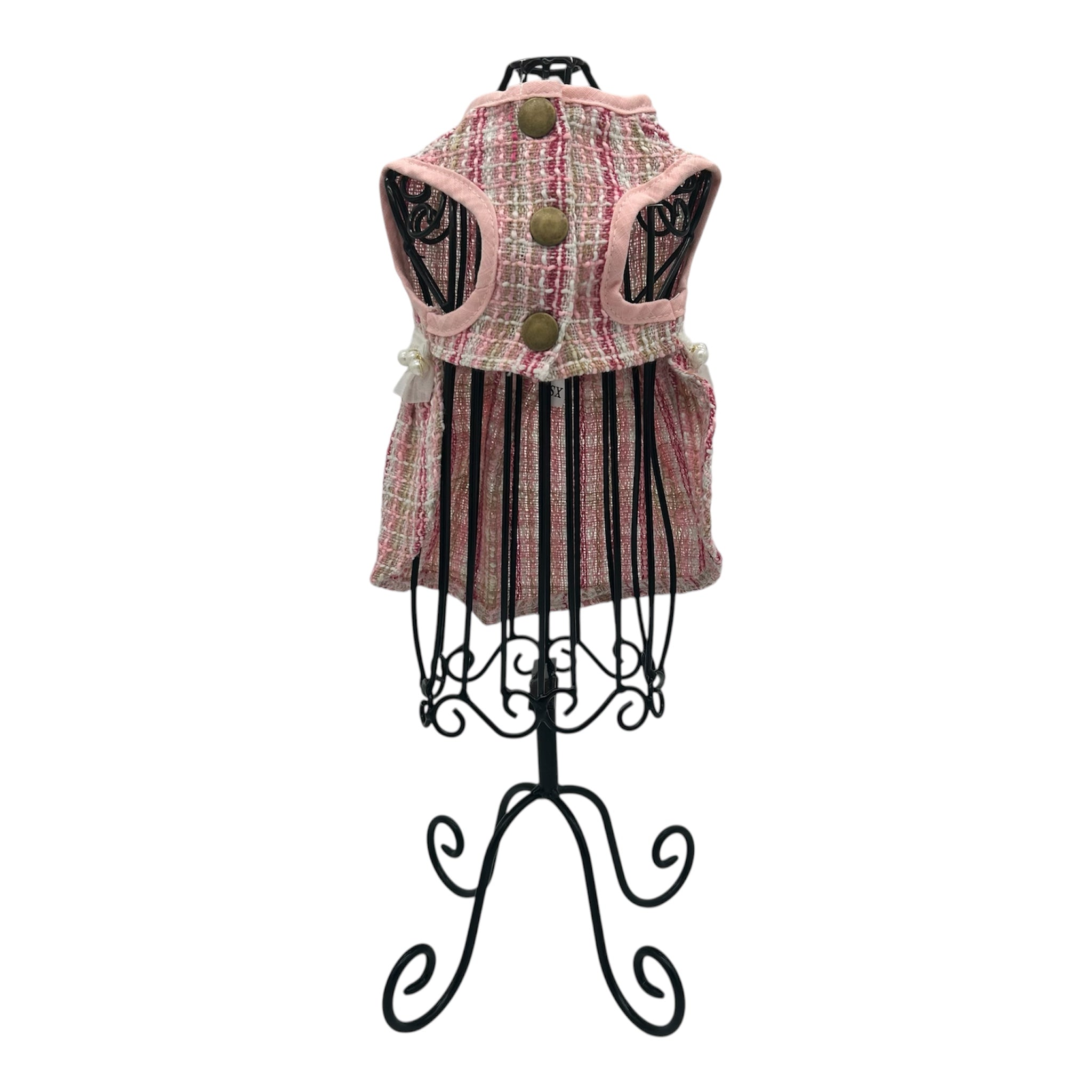 cat dress with pink plaid and pearls