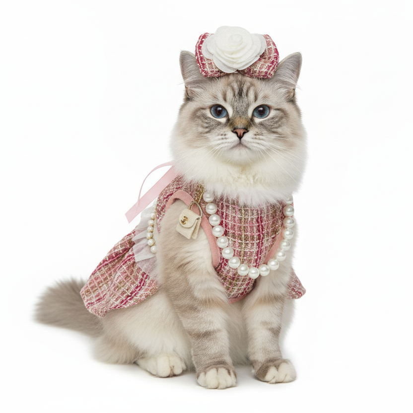 Cat wearing a pink outfit with a white flower on a white background