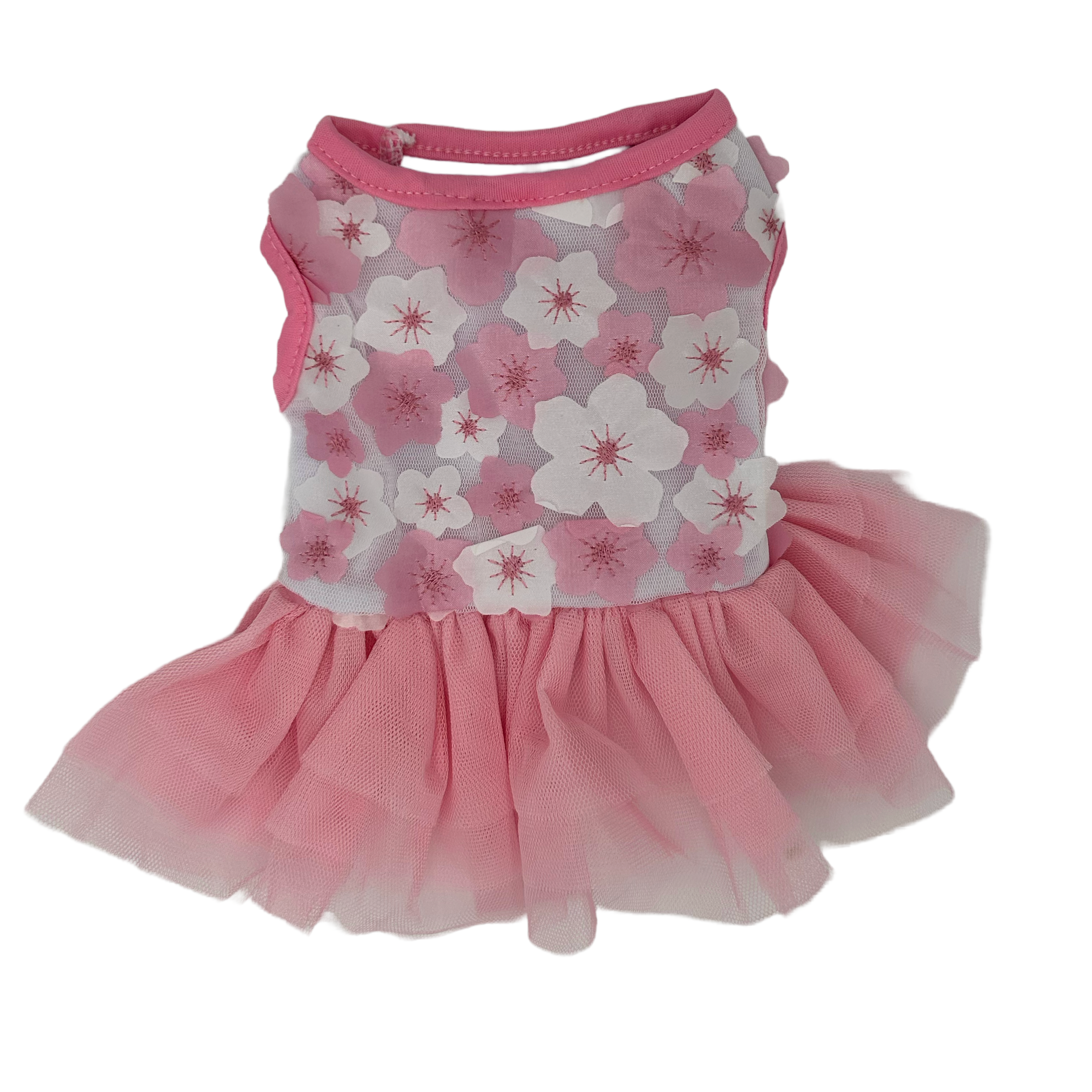 Pink floral dress with a tutu skirt on a white background