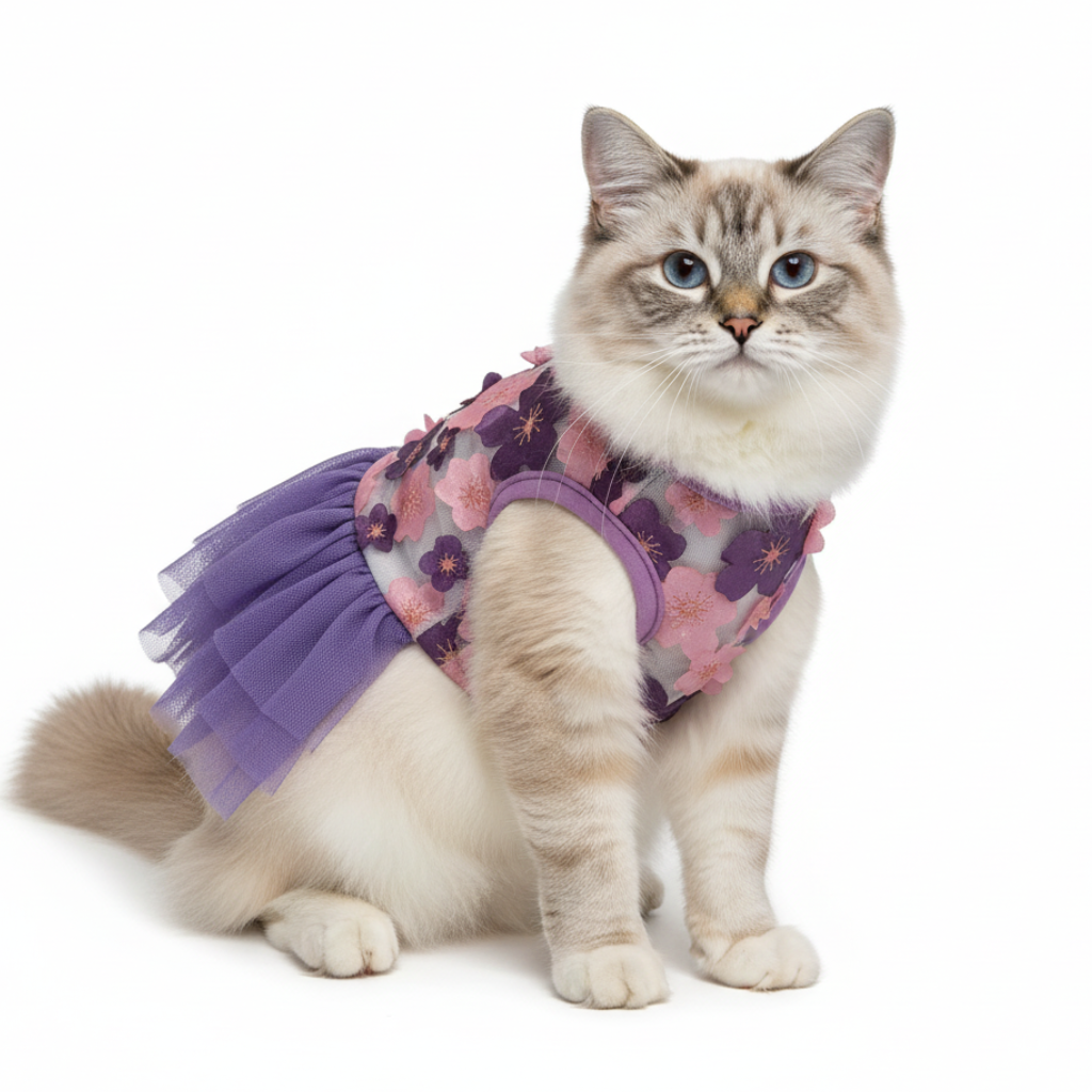 Cat wearing a purple floral dress on a white background