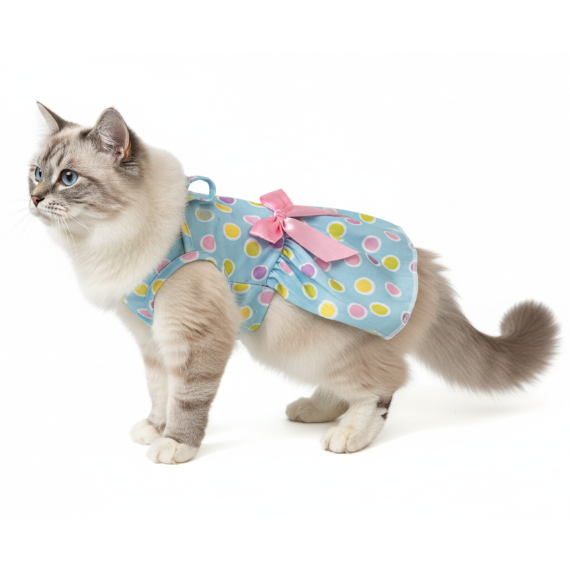Cat wearing a colorful polka dot dress with a pink bow on a white background