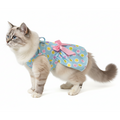 Cat wearing a colorful polka dot dress with a pink bow on a white background