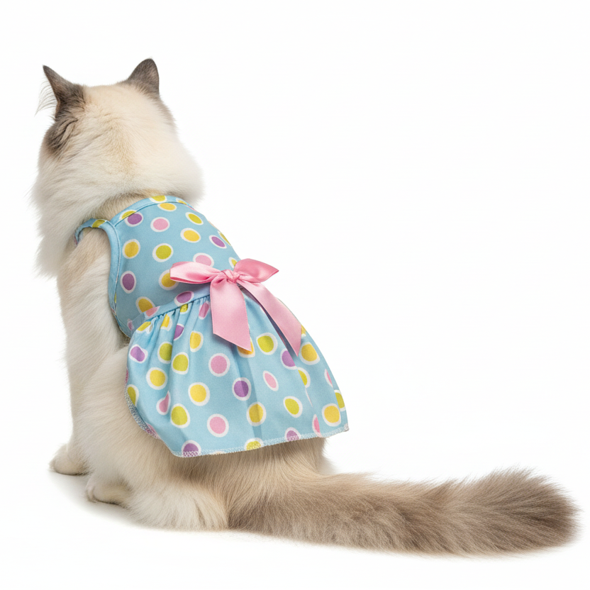 Cat wearing a polka dot dress with a pink bow on a white background