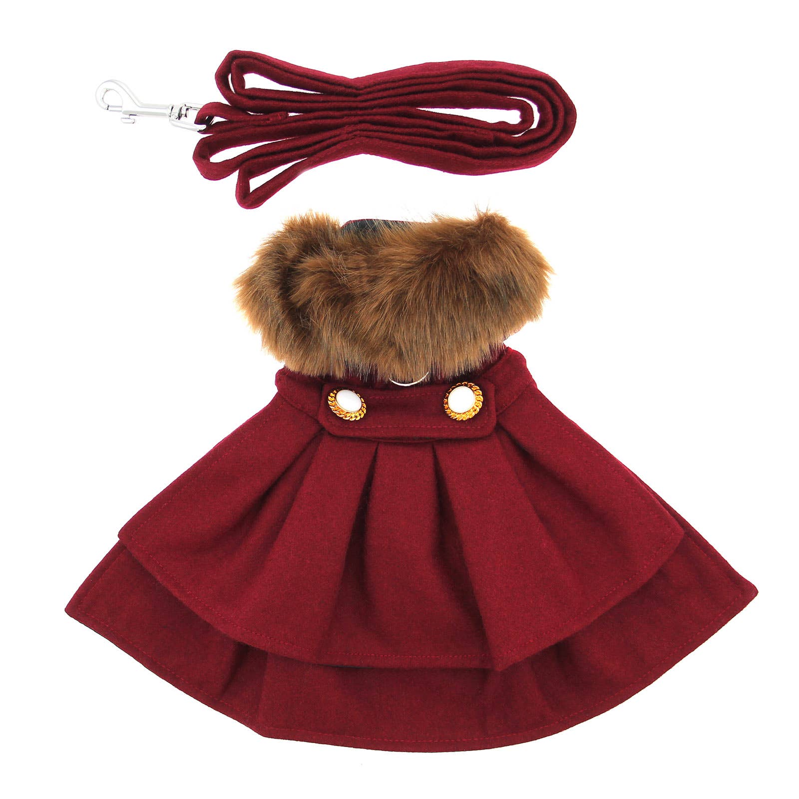 Red cat coat with fur collar and gold buttons, accompanied by a red leash on a white background