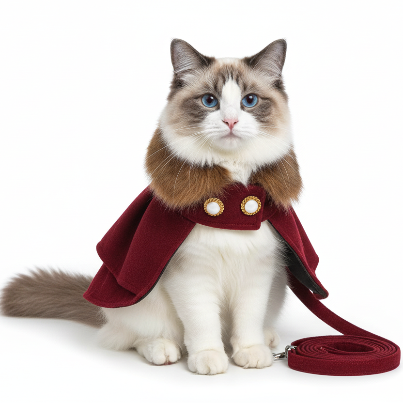 Cat wearing a red cape and leash on a white background