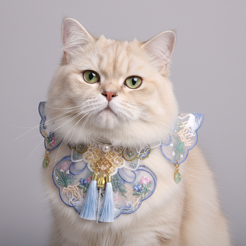 Cat wearing a decorative collar on a gray background