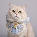 Cat wearing a decorative collar on a gray background