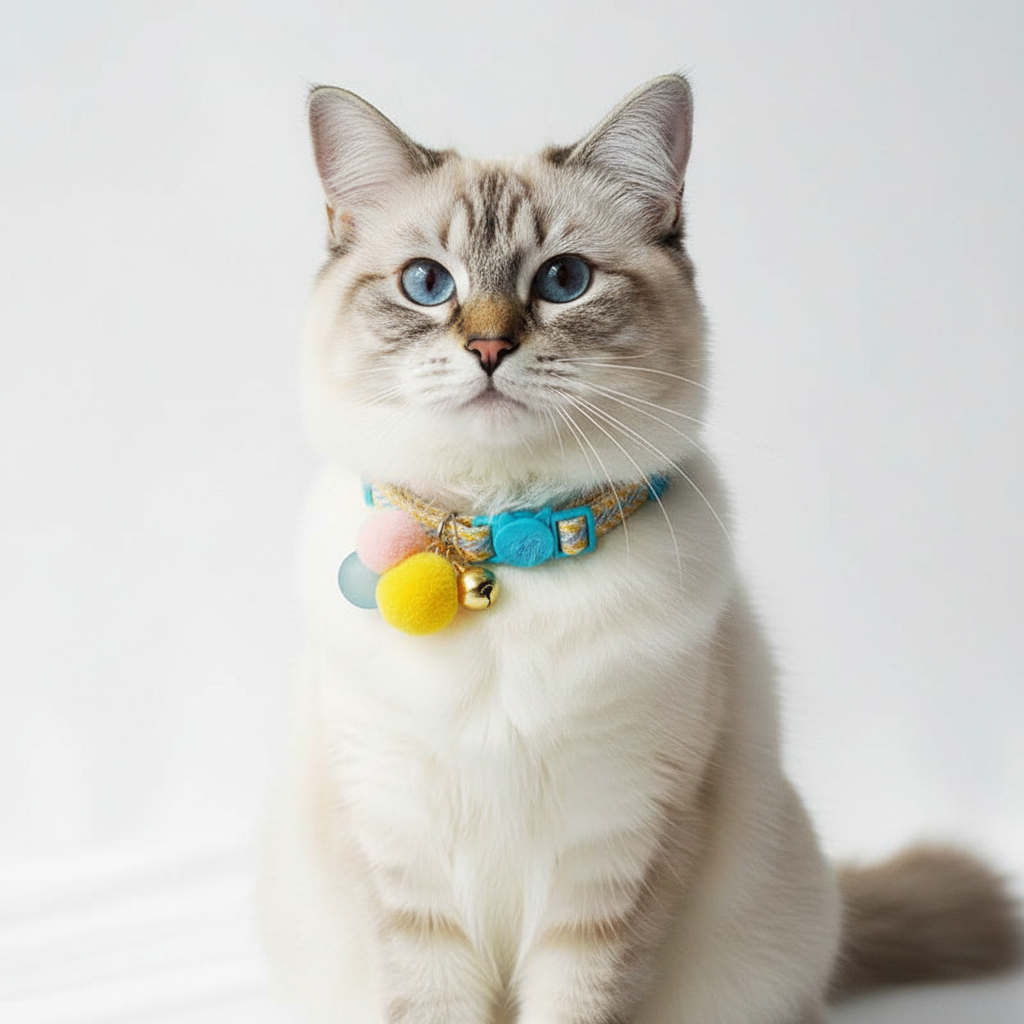 Cat wearing a colorful collar with pom-poms and bells on a white background