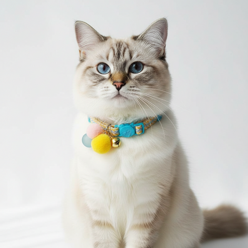 Cat wearing a colorful collar with pom-poms and bells on a white background