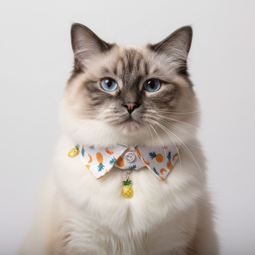 Cat wearing a colorful collar with pineapple decorations on a white background