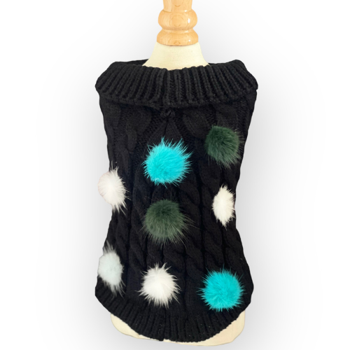 Mink Pom Knit Sweater: Black / Small