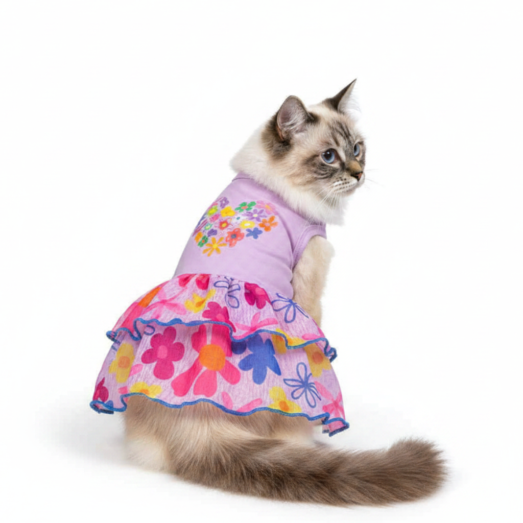 Cat wearing a colorful floral dress on a white background