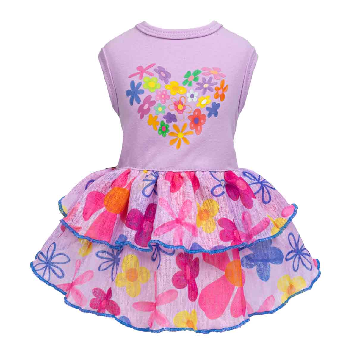 Colorful floral cat dress with a pink background