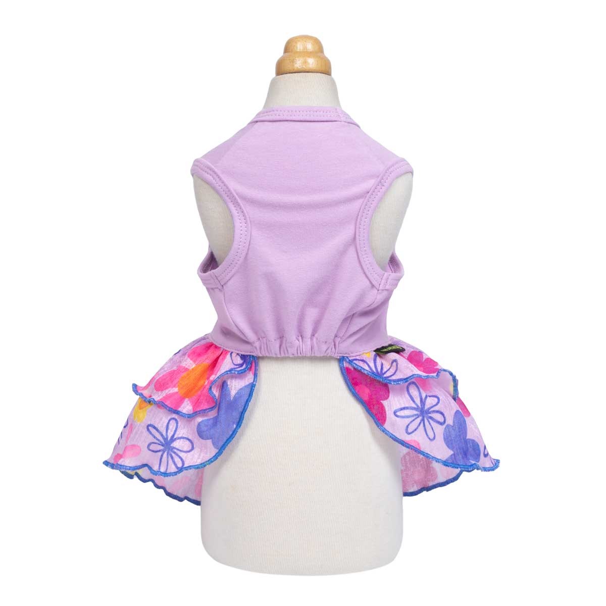 Purple cat dress with floral skirt on a mannequin against a white background