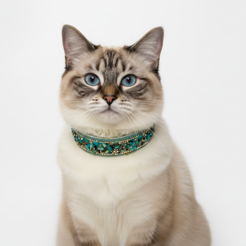 Cat wearing a decorative collar on a white background