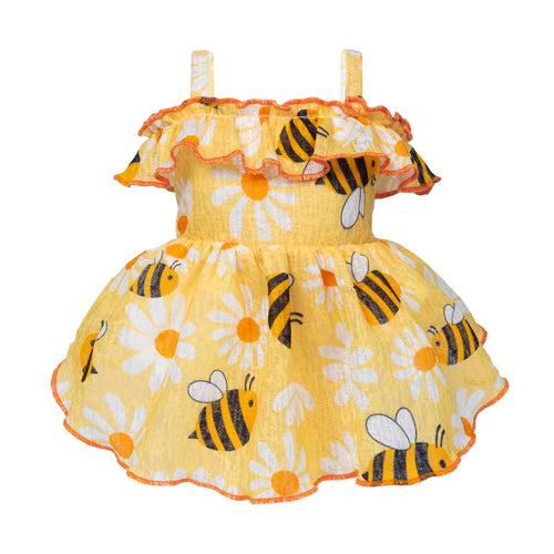 Yellow cat dress with bee and flower pattern on a white background