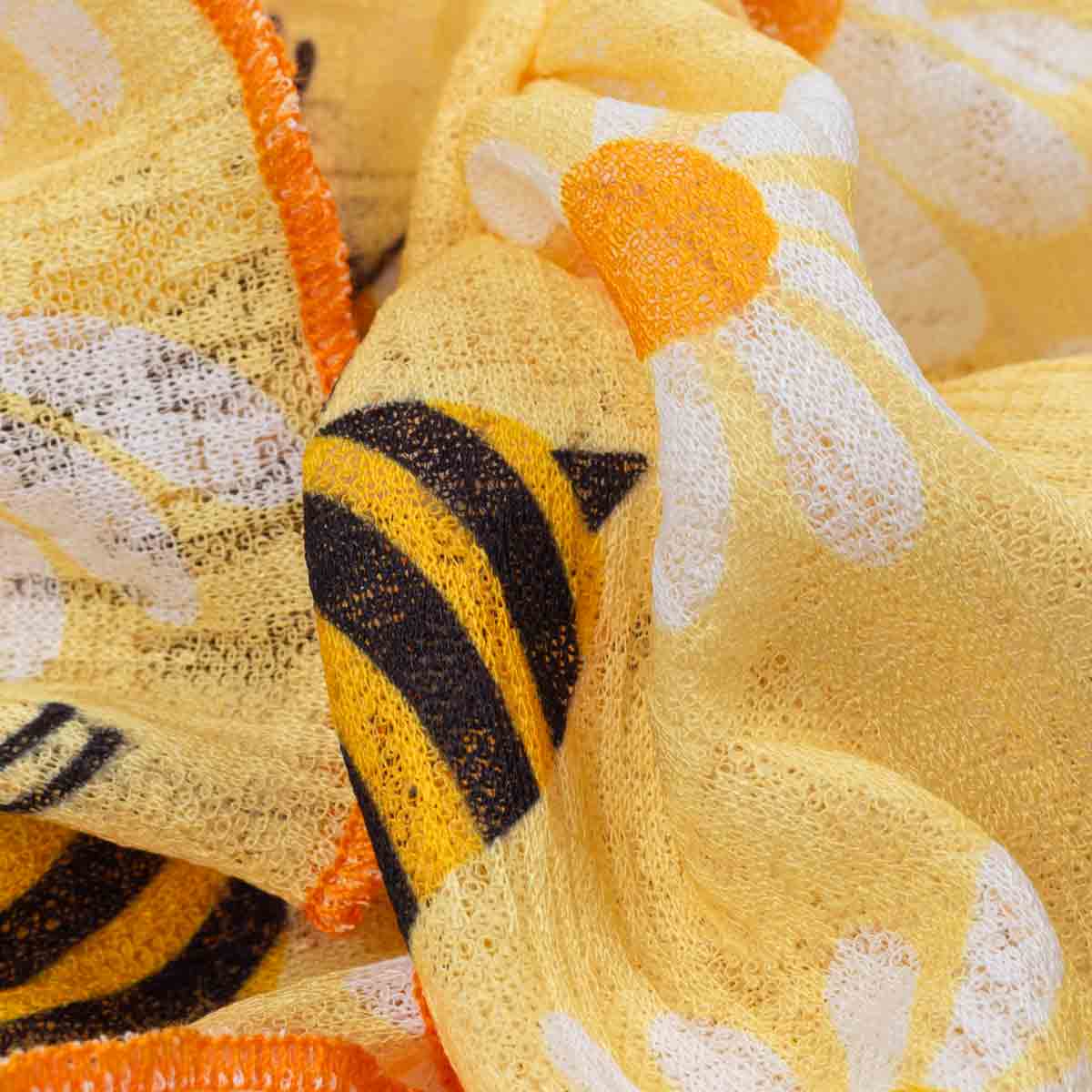 Close-up of yellow textured fabric with black and white patterns